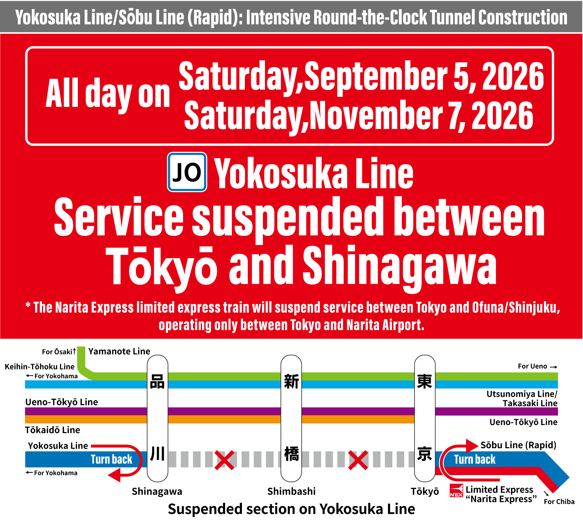 Intensive day and night tunnel construction on the Yokosuka Line and Sobu Rapid Line: Service suspended all day from September 5, 2026 (Saturday) to November 7, 2026 (Saturday) between Tokyo and Shinagawa (The Narita Express limited express will be suspended between Tokyo and Ofuna/Shinjuku, operating only to and from Tokyo).