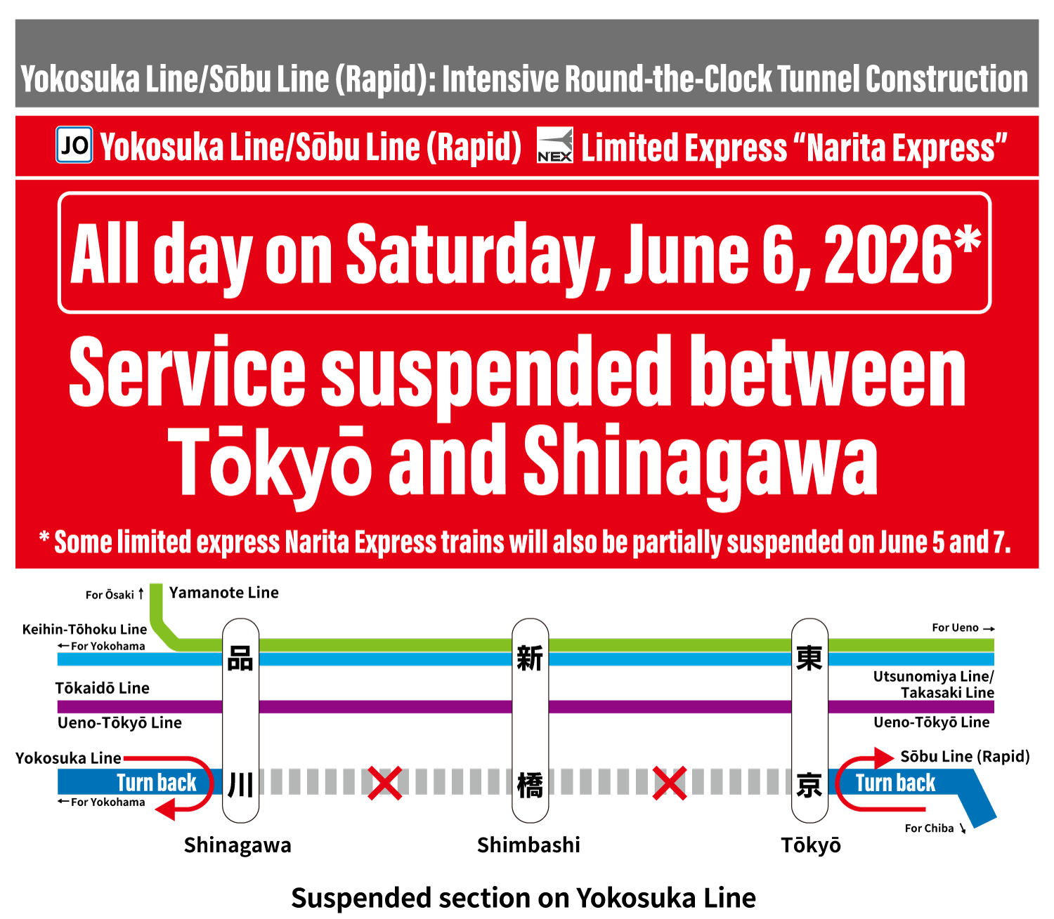 Yokosuka Line and Sobu Rapid Line tunnel construction work will be carried out day and night. Service will be suspended between Tokyo and Shinagawa on Saturday, June 6, 2026. (Some Narita Express trains will also be suspended on June 5 and 7.)