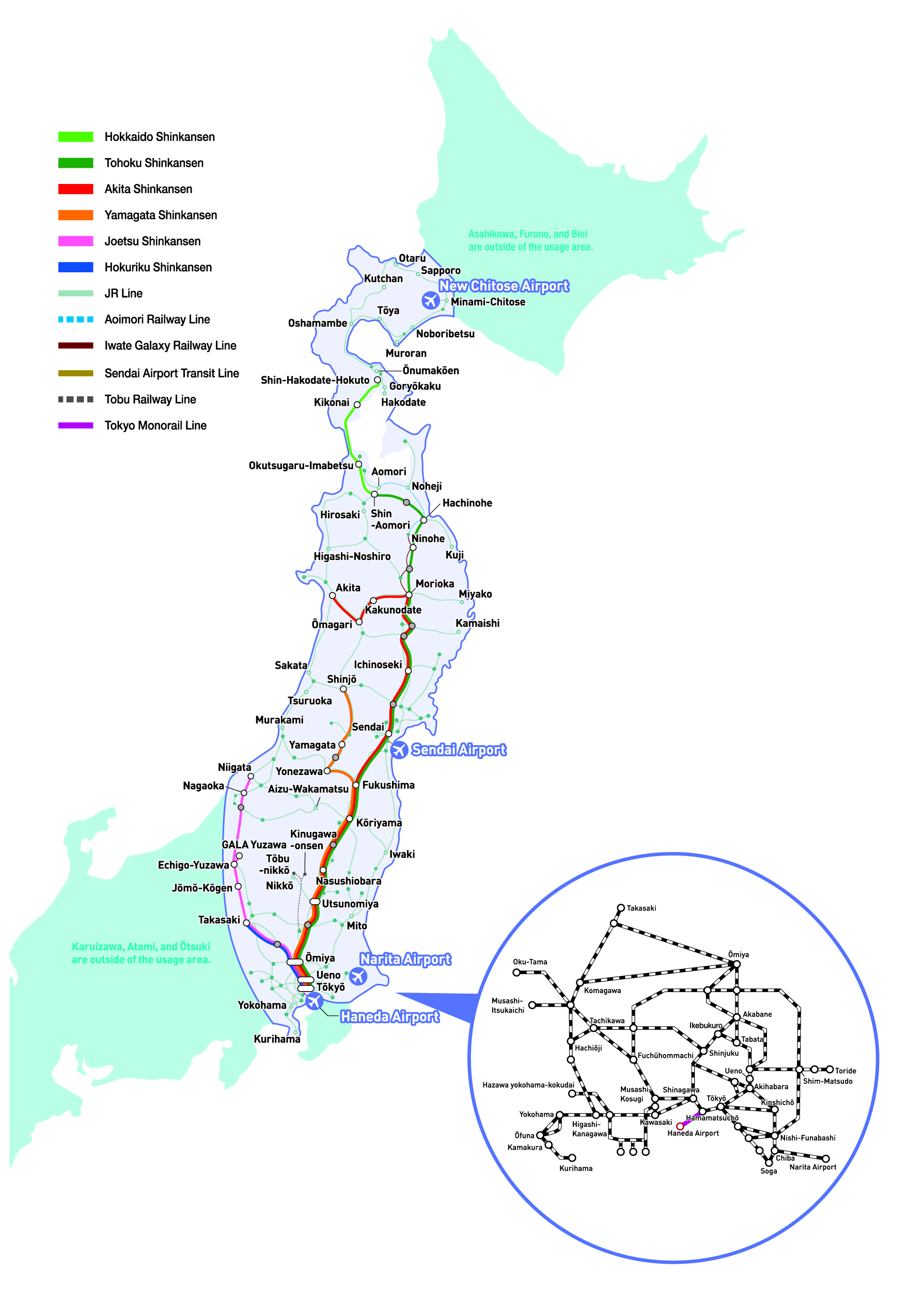 The JR East-South Hokkaido Rail Pass Usage Area Map