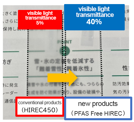 スライドガラスに従来品と開発品をそれぞれ塗装したときの比較写真