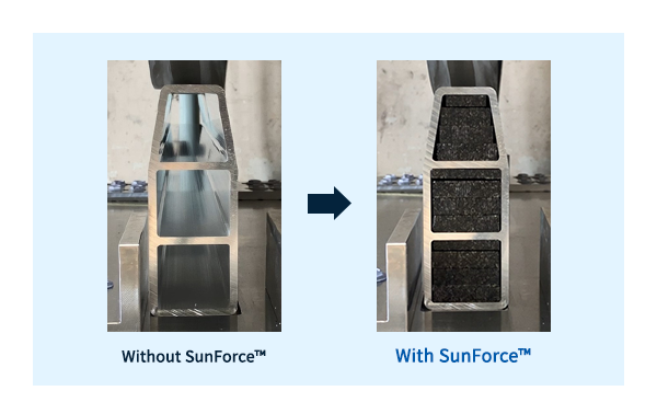 Querschnittsbild eines Wippen-Energieabsorbers vor und nach dem Füllen des hohlen Innenraums mit SunForce™-Komponenten.