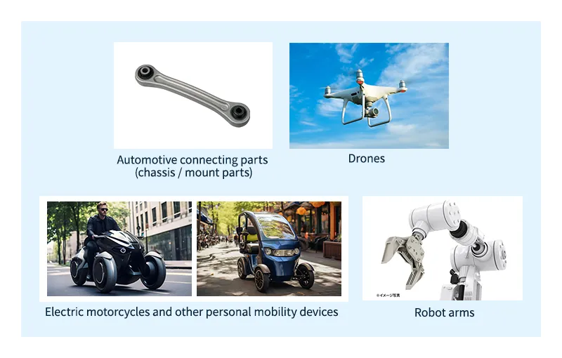 A sampling of the many expected applications for Asahi Kasei’s hybrid multi-material component combining LEONA™ polyamide resin with UD Tape.