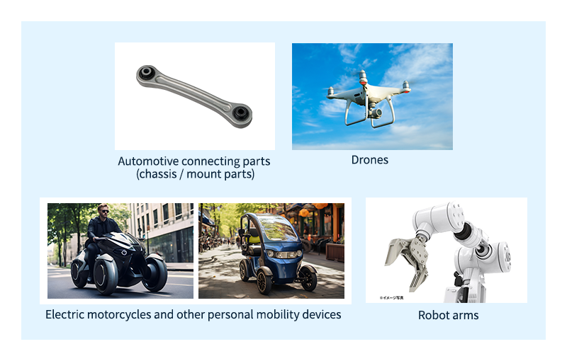 A sampling of the many expected applications for Asahi Kasei’s hybrid multi-material component combining LEONA™ polyamide resin with UD Tape.