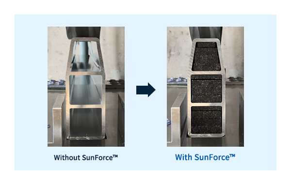 Cross-sectional image of a rocker energy absorber before and after filling the hollow interior with SunForce™ components. 