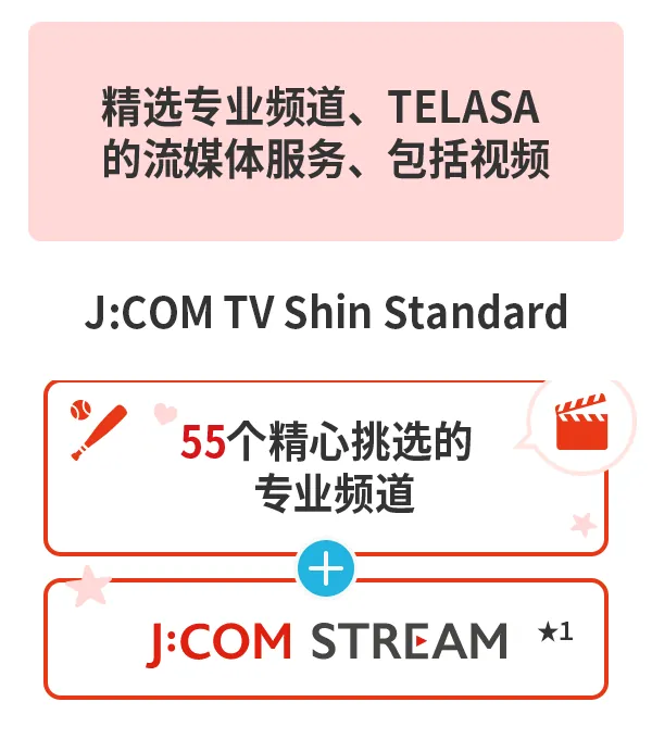 厳選した専門チャンネルとTELASAを含む動画配信がセットに J:COM TV シン・スタンダード 厳選した55の専門チャンネル J:COM STREAM★1