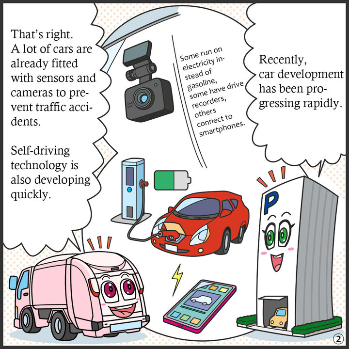 パーキー：最近の自動車って、 ものすごいスピｰドで 進化しているよね。  ガソリンの代わりに電気で走ったり、 ドライブレコーダーをつけたり、 スマホと連携させたり。  ジンキー：そうだね！ 事故を防ぐセンサーやカメラは、 すでに多くのクルマについているよね。 自動運転の技術も日々進化しているよ。