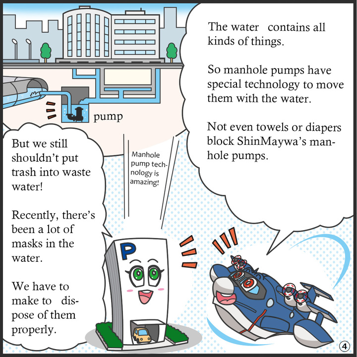 水中ポンプのイラスト。ヒコッピー：流れてくる水にはいろんなモノが混ざっているんだ。 だからマンホールポンプは、それらと水を一緒に流す技術を 持っているんだよ。新明和がつくるマンホールポンプは、タオルやおむつも詰まらせないよ。  パーキー：マンホールポンプの技術ってすごいんだ！  だからといって、一緒にごみを流しちゃダメだよね。最近はマスクも流れてくるらしいよ。正しい方法で捨てないとね。