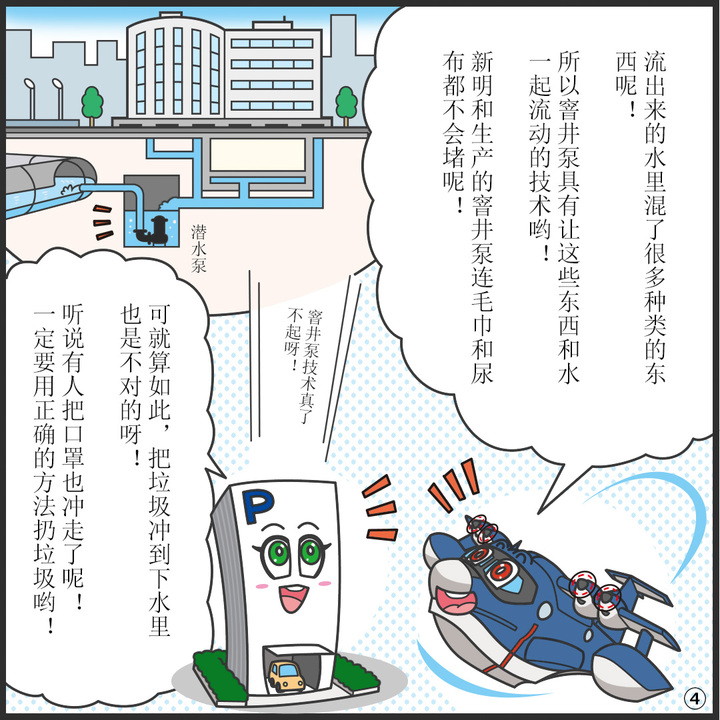 水中ポンプのイラスト。ヒコッピー：流れてくる水にはいろんなモノが混ざっているんだ。 だからマンホールポンプは、それらと水を一緒に流す技術を 持っているんだよ。新明和がつくるマンホールポンプは、タオルやおむつも詰まらせないよ。  パーキー：マンホールポンプの技術ってすごいんだ！  だからといって、一緒にごみを流しちゃダメだよね。最近はマスクも流れてくるらしいよ。正しい方法で捨てないとね。