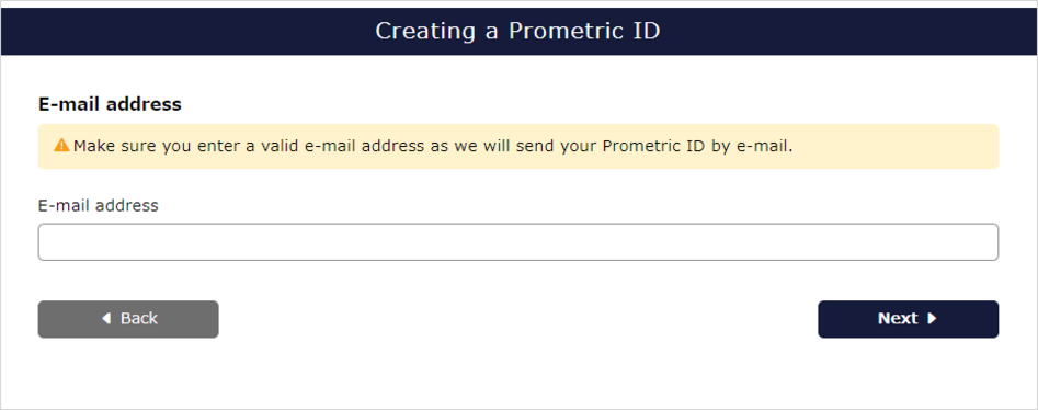 Email address registration screen