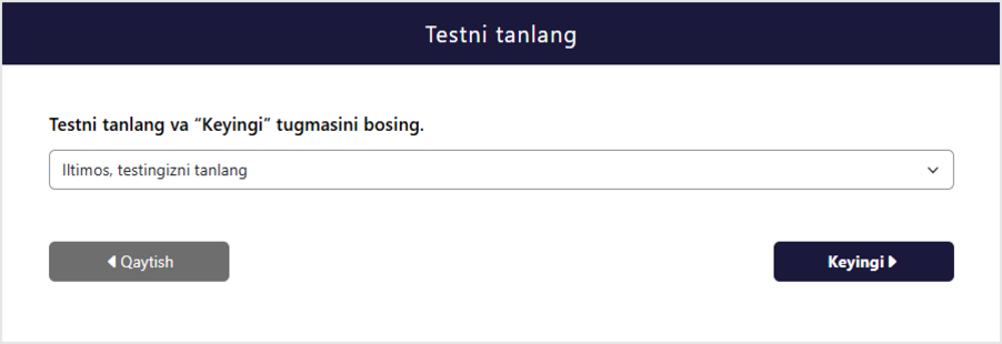 Imtihon mavzusini tanlash ekrani