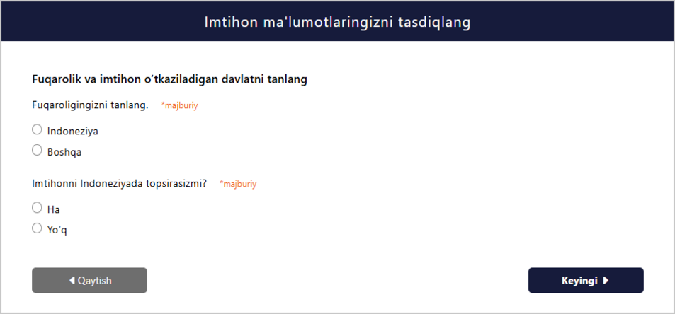 Imtihon ma'lumotlarini tasdiqlash ekrani