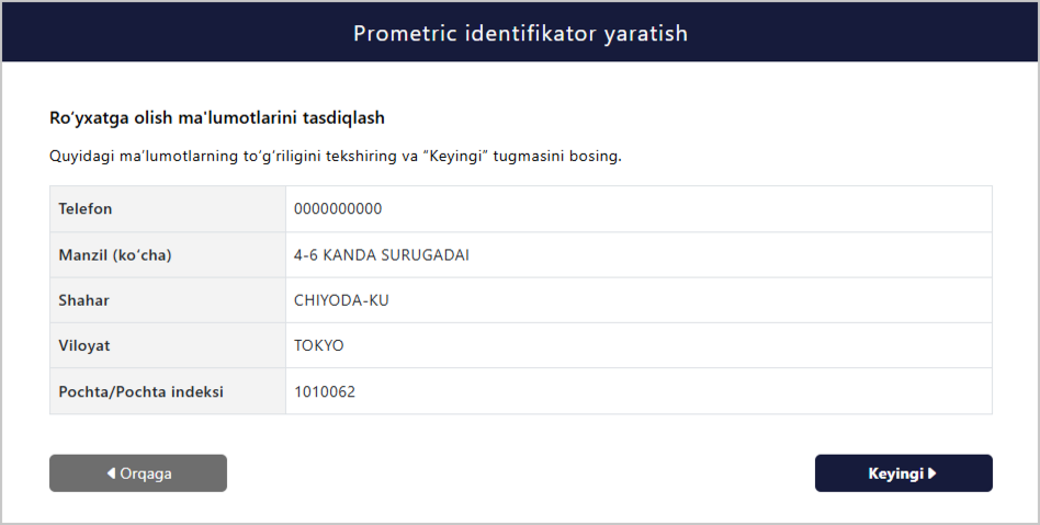Kontentni kiritishni tasdiqlash ekrani