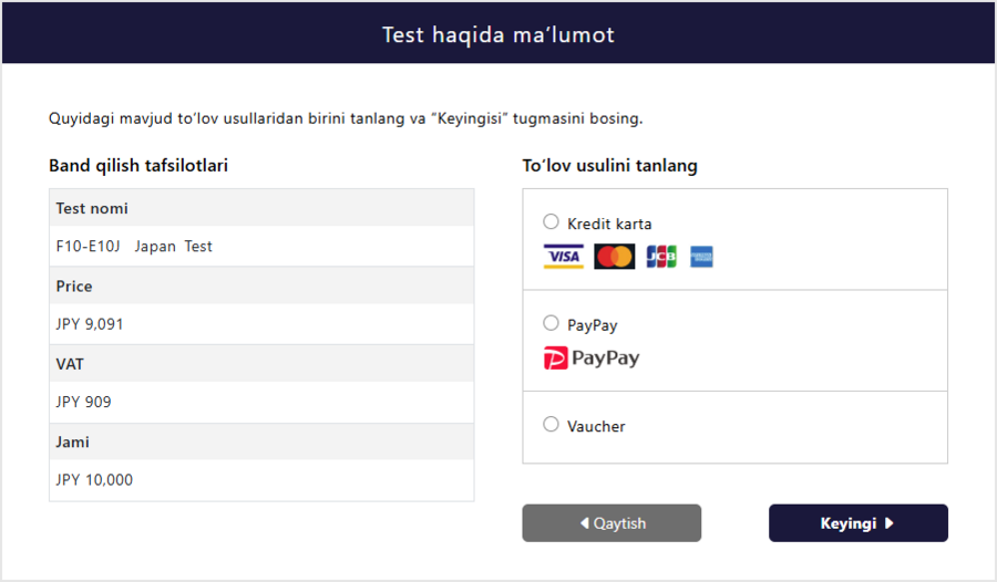 To'lov usulini tanlash ekrani