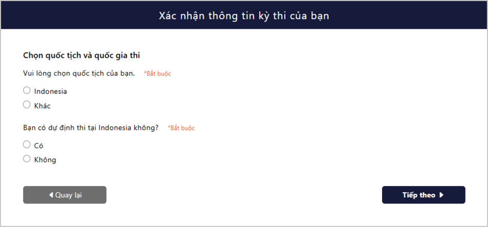 Màn hình xác nhận thông tin kỳ thi
