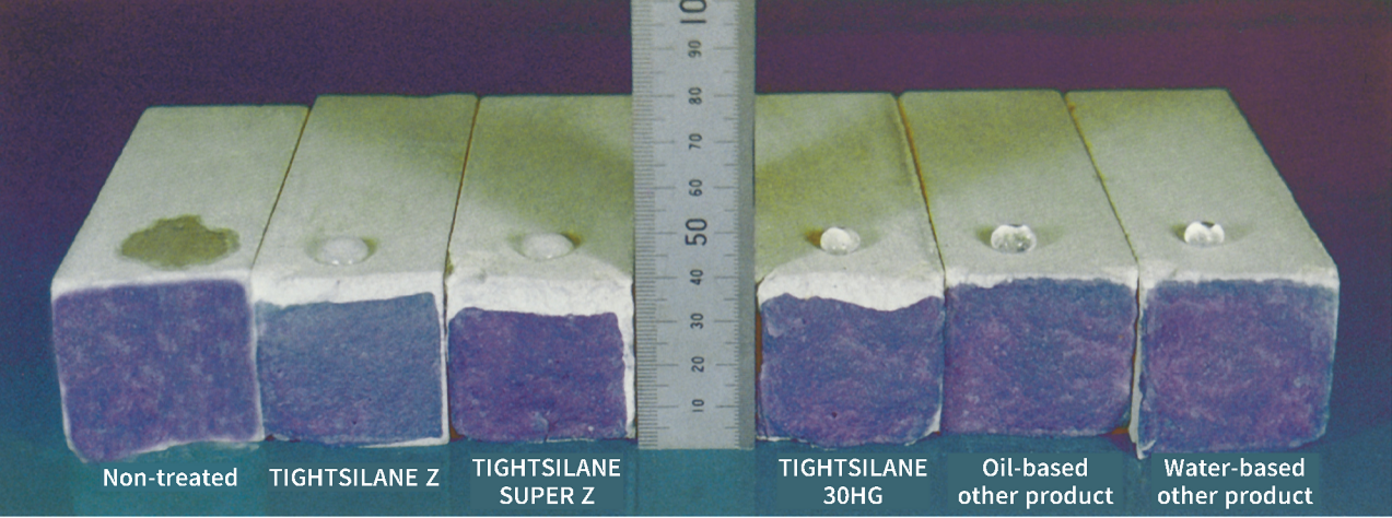 After applying each material to the top of the specimen, cut it and dye the cut surface with water-based ink. The unstained area indicates the depth of the hydrophobic layer.