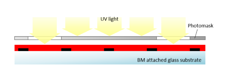 2. Cover the glass with the photomask corresponding to the pattern of the color filter. Then, apply ultraviolet light to partially insolubilize the color resist.