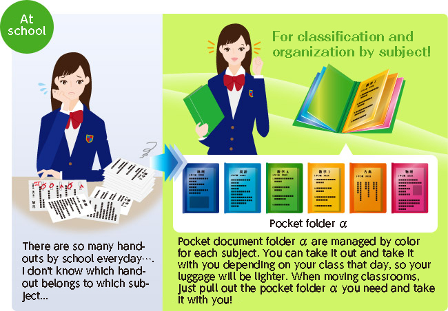 At school: There are so many handouts handed out by school every time...I don't know which handout belongs to which subject/Categorize and organize by subject! Pocket file alpha is managed by color for each subject. You can take it out and take it with you depending on your class that day, so your luggage will be lighter. When you move your classroom, just pull out the pocket file Alpha you need and take it with you!