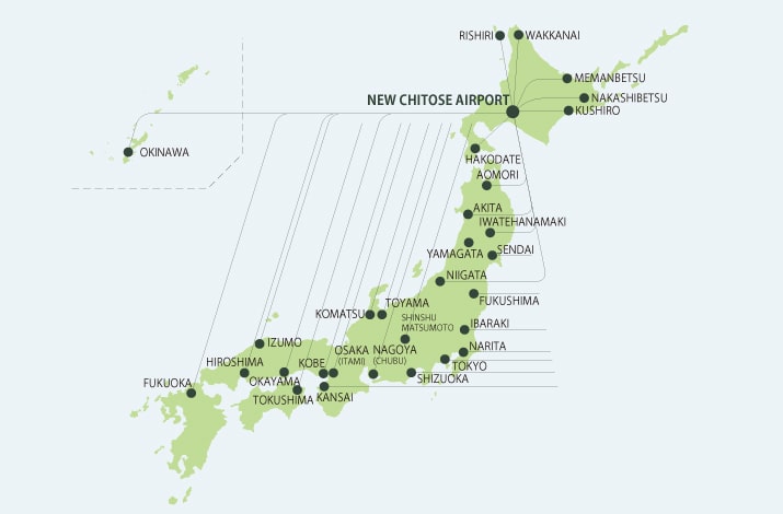 Map of Japan showing flight routes from New Chitose Airport