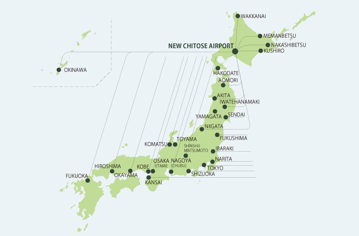 Map of Japan showing flight routes from New Chitose Airport