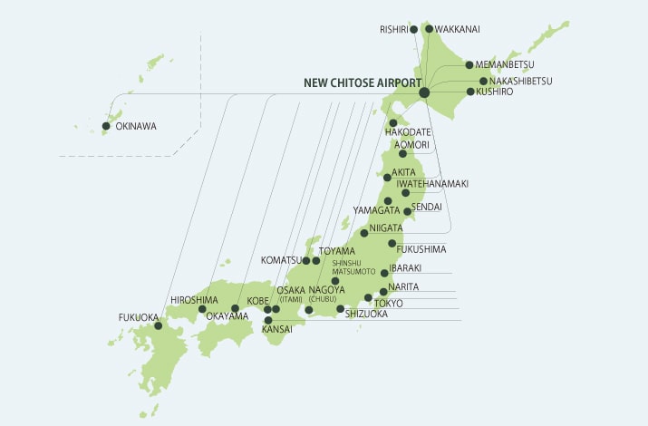 Map of Japan showing flight routes from New Chitose Airport