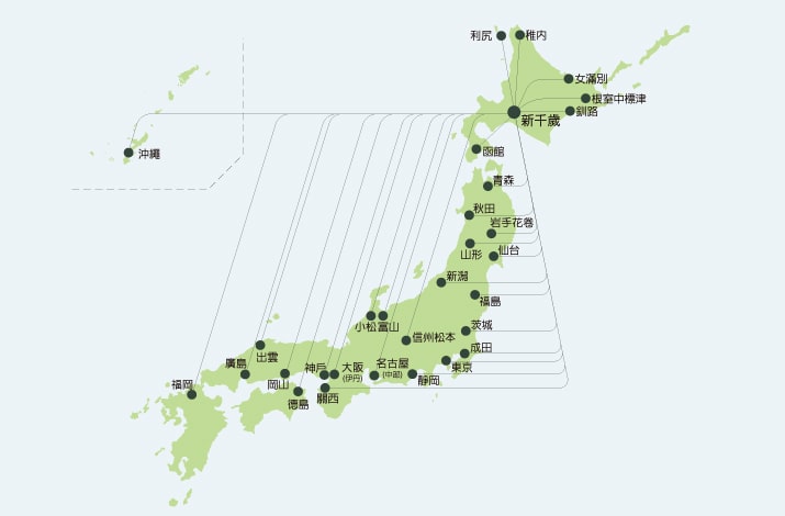 顯示新千歲 機場出發的航線的日本地圖