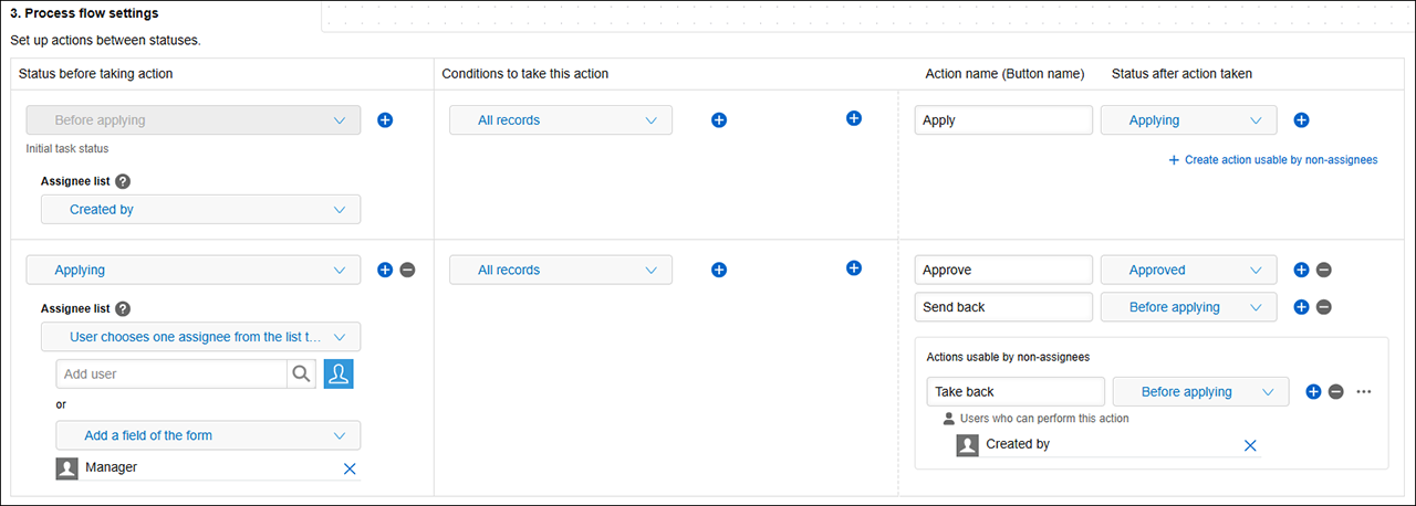 Screenshot: Record processes being set on the "Process management" screen