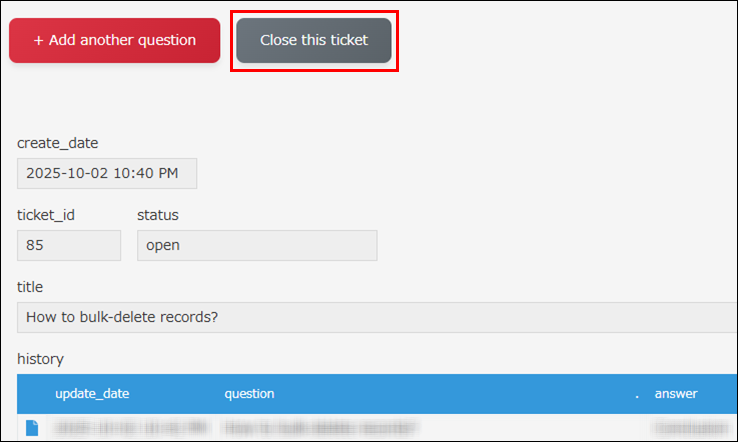 Screenshot: The "Close this ticket" button is displayed on the "Record details" screen
