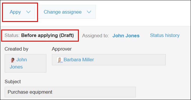 Screenshot: The status and the button to perform the action are highlighted