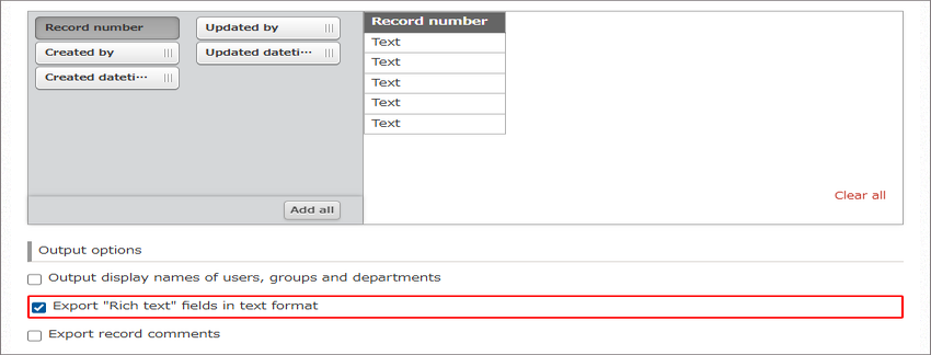 Screenshot: The "Export Rich text fields in text format" checkbox is highlighted