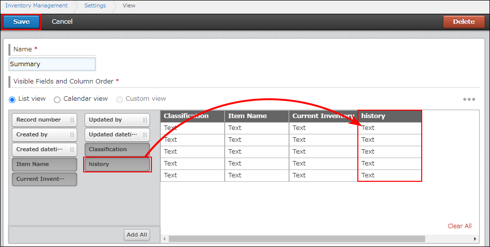 Screenshot: The "History" table is being added to the view