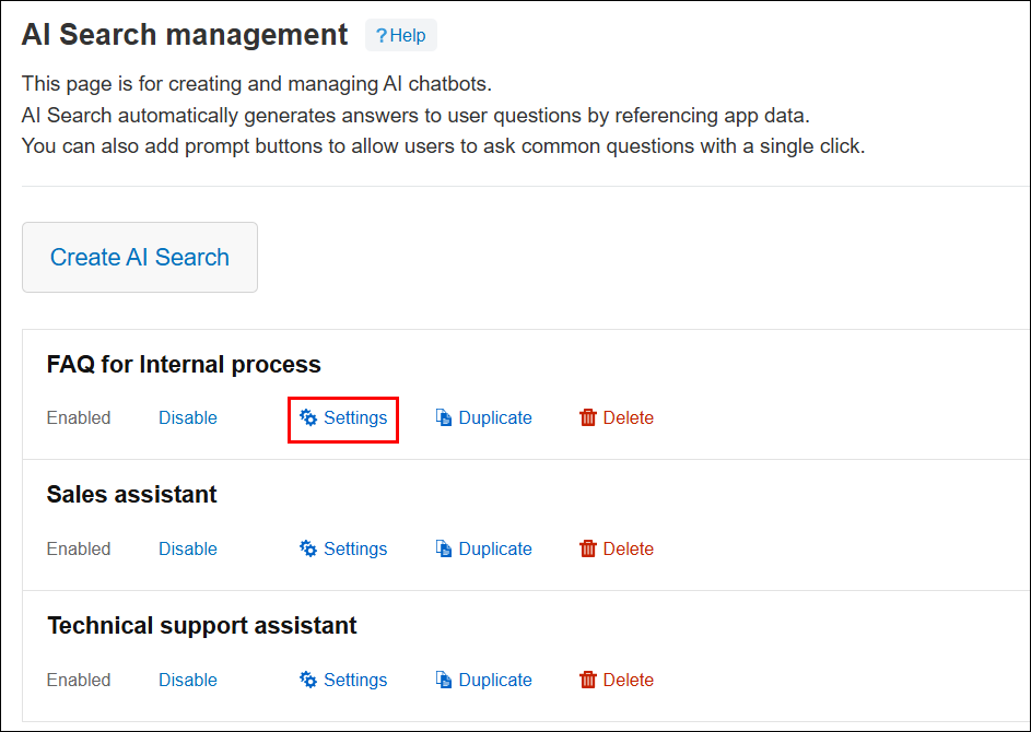 Screenshot: "Settings" is highlighted on the "AI Search management" screen