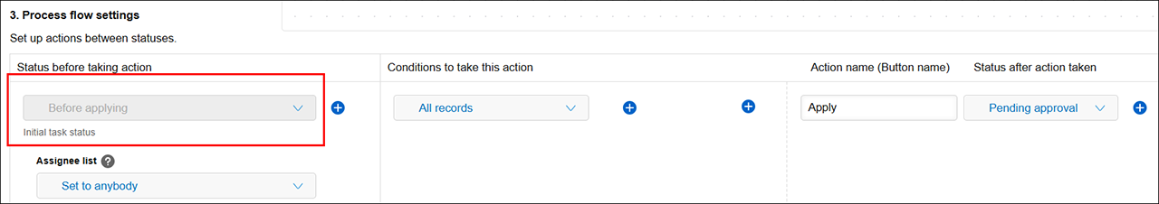 Screenshot: "Status before taking action" is highlighted