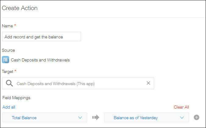 Screenshot: The "Create action" screen configured with the settings from the "Example of action settings" table