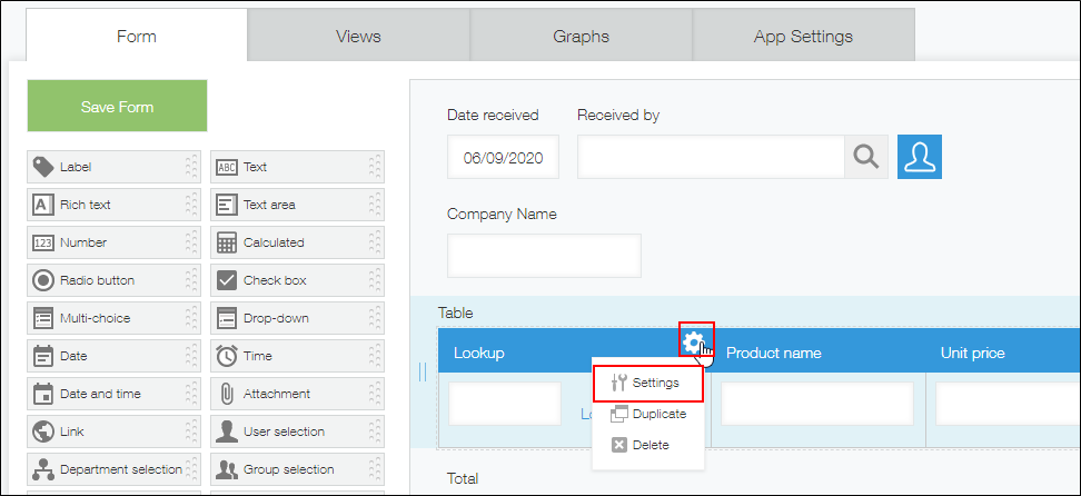 Screenshot: The settings icon of the "Lookup" field and the "Settings" menu item are highlighted