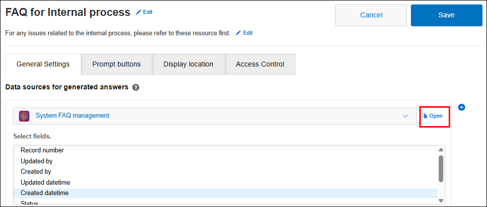 Screenshot: The "Open" button to the right of a data source app is highlighted