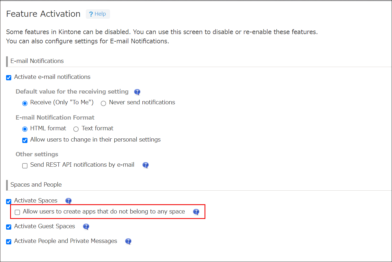 Screenshot: The "Allow users to create apps that do not belong to any space" checkbox is deselected and highlighted on the "Feature activation" screen
