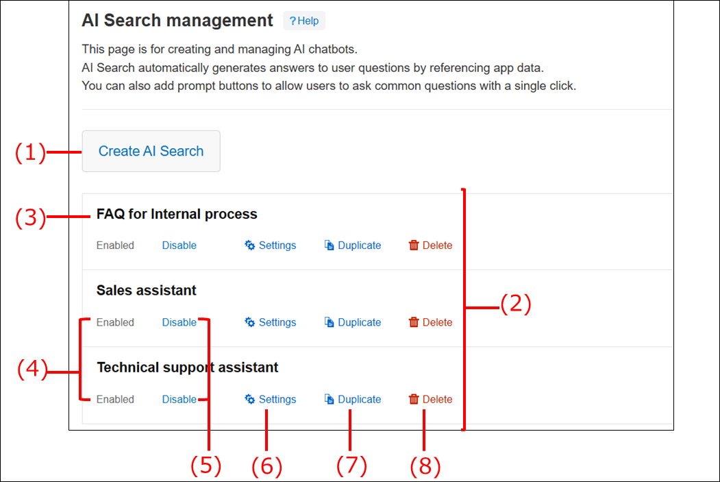 Screenshot: Numbers are assigned to the different settings on the "AI Search management" screen