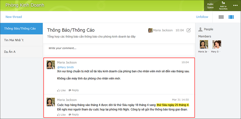 Screenshot: Comments in a space thread are entered in Vietnamese
