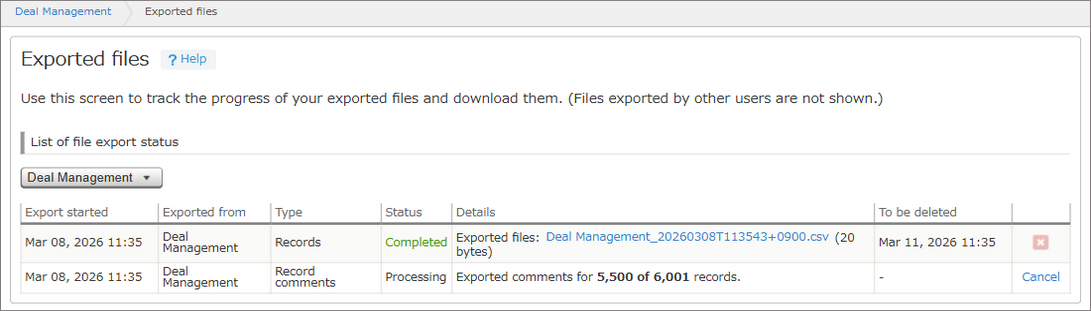 Screenshot: The "Exported files" screen is displayed
