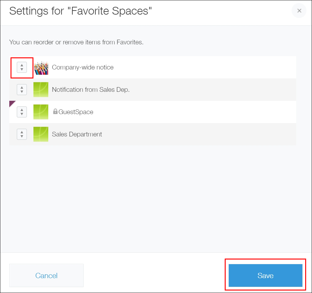 Screenshot: The reorder icon to the left of a space name and "Save" are highlighted