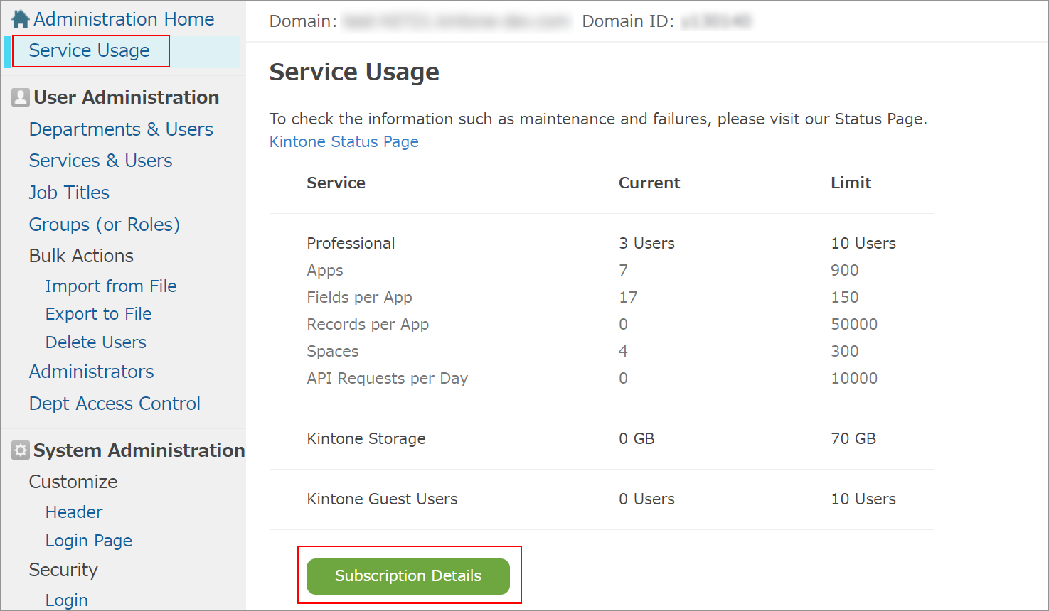 Screenshot: The "Subscription details" button is highlighted on the "Service usage" screen