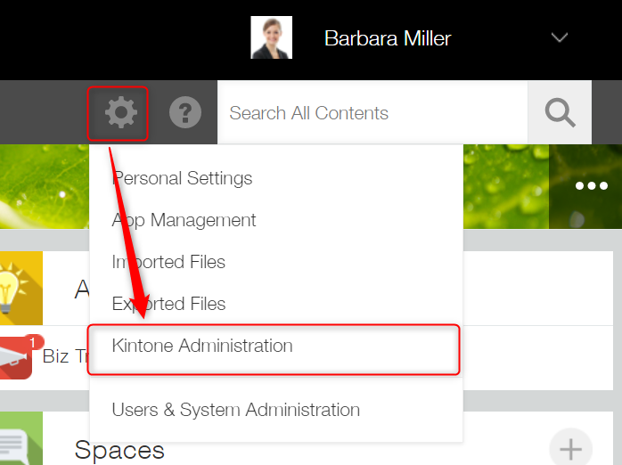 Screenshot: The "kintone administration" link is highlighted on Portal