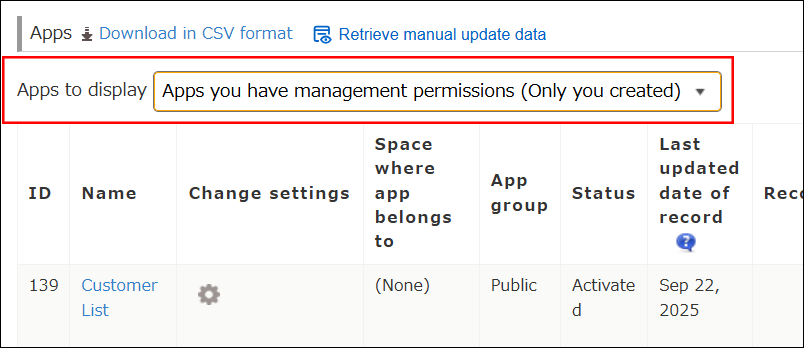 Screenshot: The "Apps to display" setting is highlighted with "Apps you have management permissions (Only you created)" selected