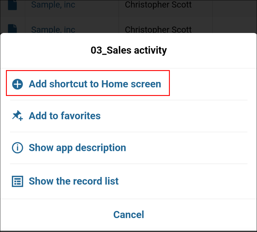 Screenshot: The "Add shortcut to home screen" button is highlighted