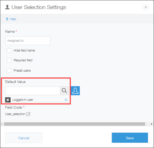 Screenshot: "Logged-in user" is added as the default value on the "User selection settings" dialog