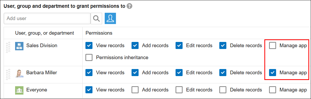 Screenshot: A settings screen where the "Sales Division" department does not have the "Manage app" permission, and "Barbara Miller" does have the "Manage app" permission