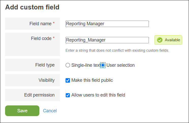 Screenshot: The "Add Custom Field" screen is displayed