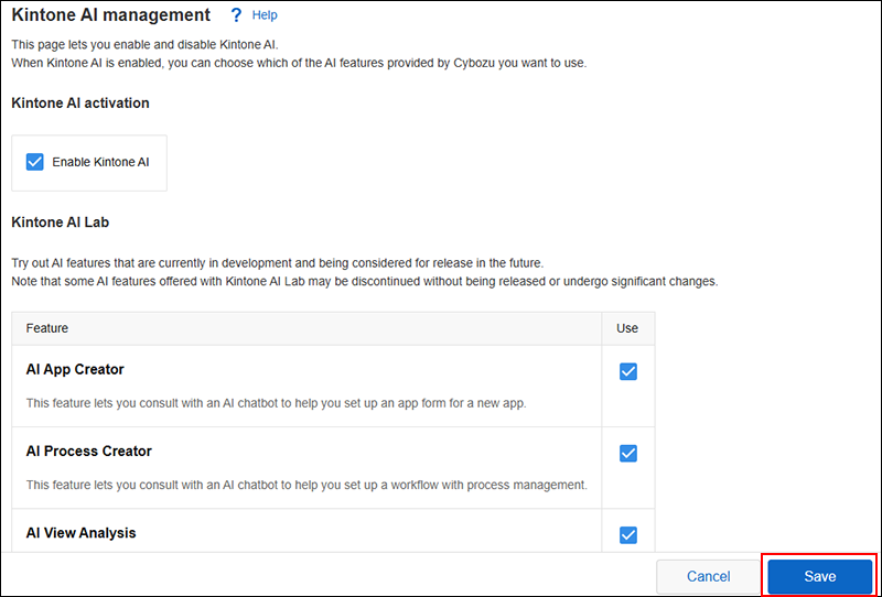 Screenshot: The "Kintone AI management" screen