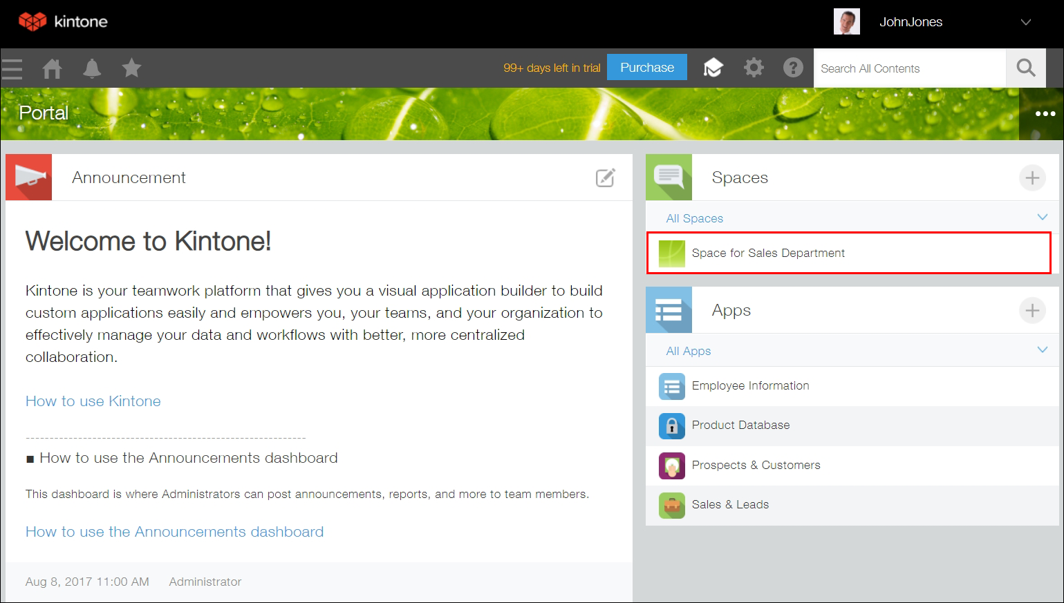 Screenshot: "Space for Sales Department" is outlined in the "Spaces" section of Portal
