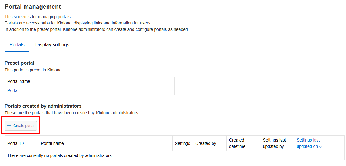 Screenshot: The "Create portal" button is highlighted